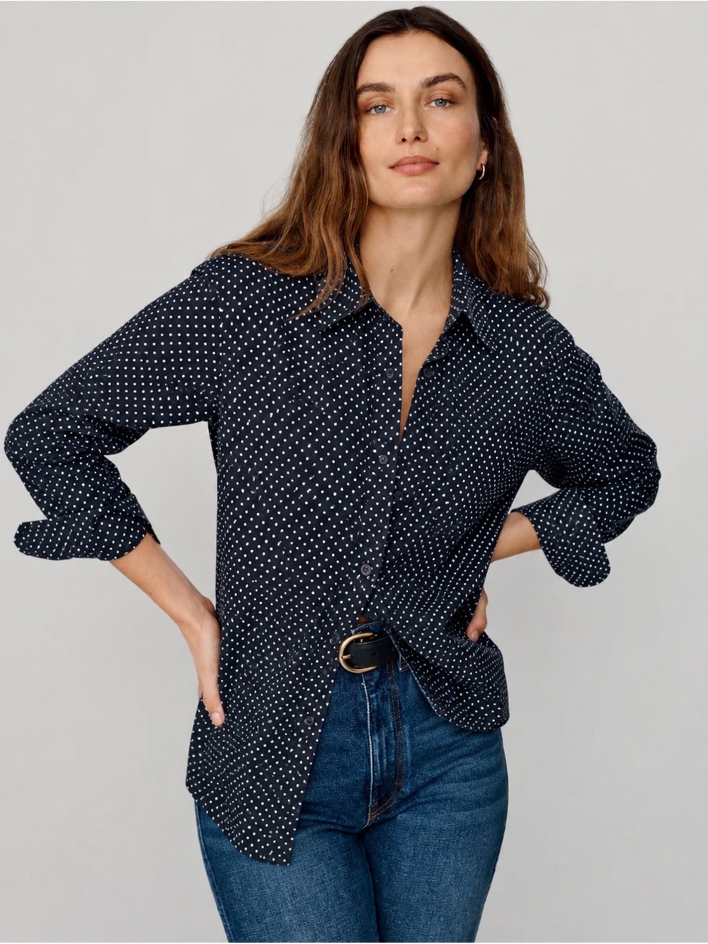 Jenni Kayne Navy White Polka Dot Lightweight Cotton Button Down Shirt XS